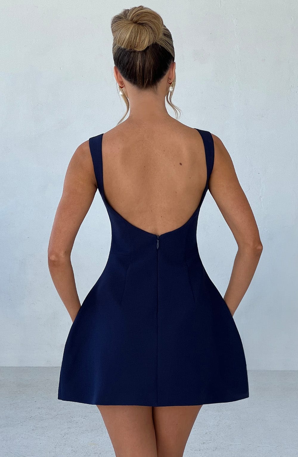 Women navy scoop mini dress, front view