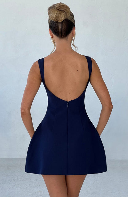 Women navy scoop mini dress, front view