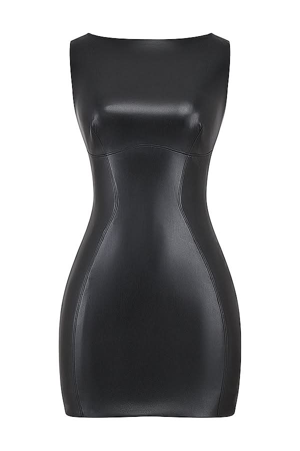 Black faux leather bodycon mini dress — close-up of glossy texture and defined seam details.