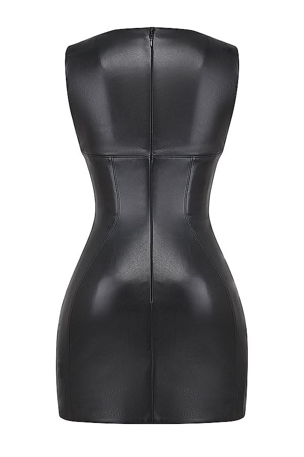 Black faux leather bodycon mini dress — back view showing zip closure and waist-contouring fit.