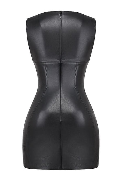 Black faux leather bodycon mini dress — back view showing zip closure and waist-contouring fit.