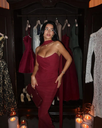 Bindi Strapless Maxi Dress in Burgundy