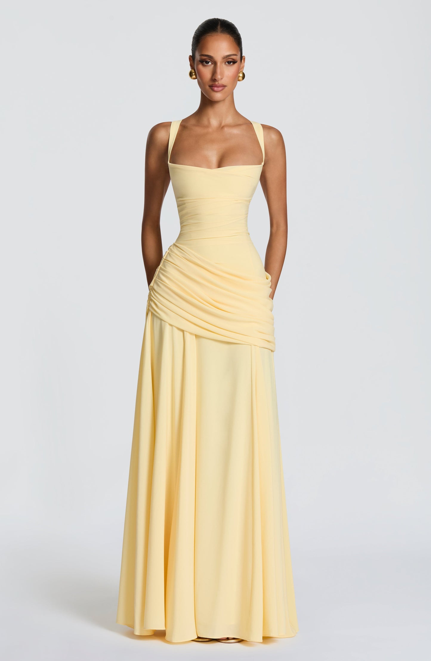 Women cowl maxi dress, side view