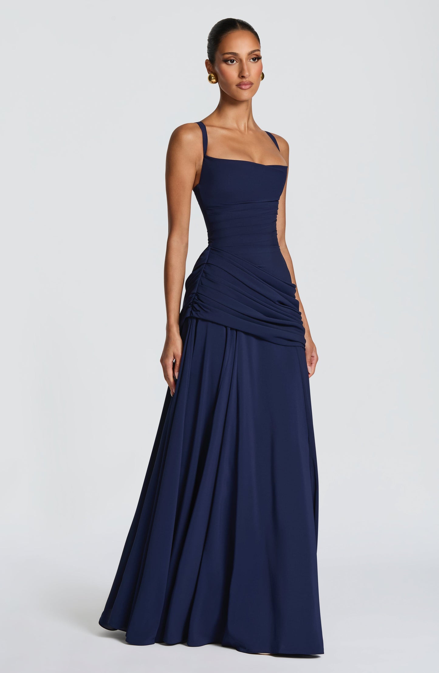 Women navy cowl maxi dress, back view