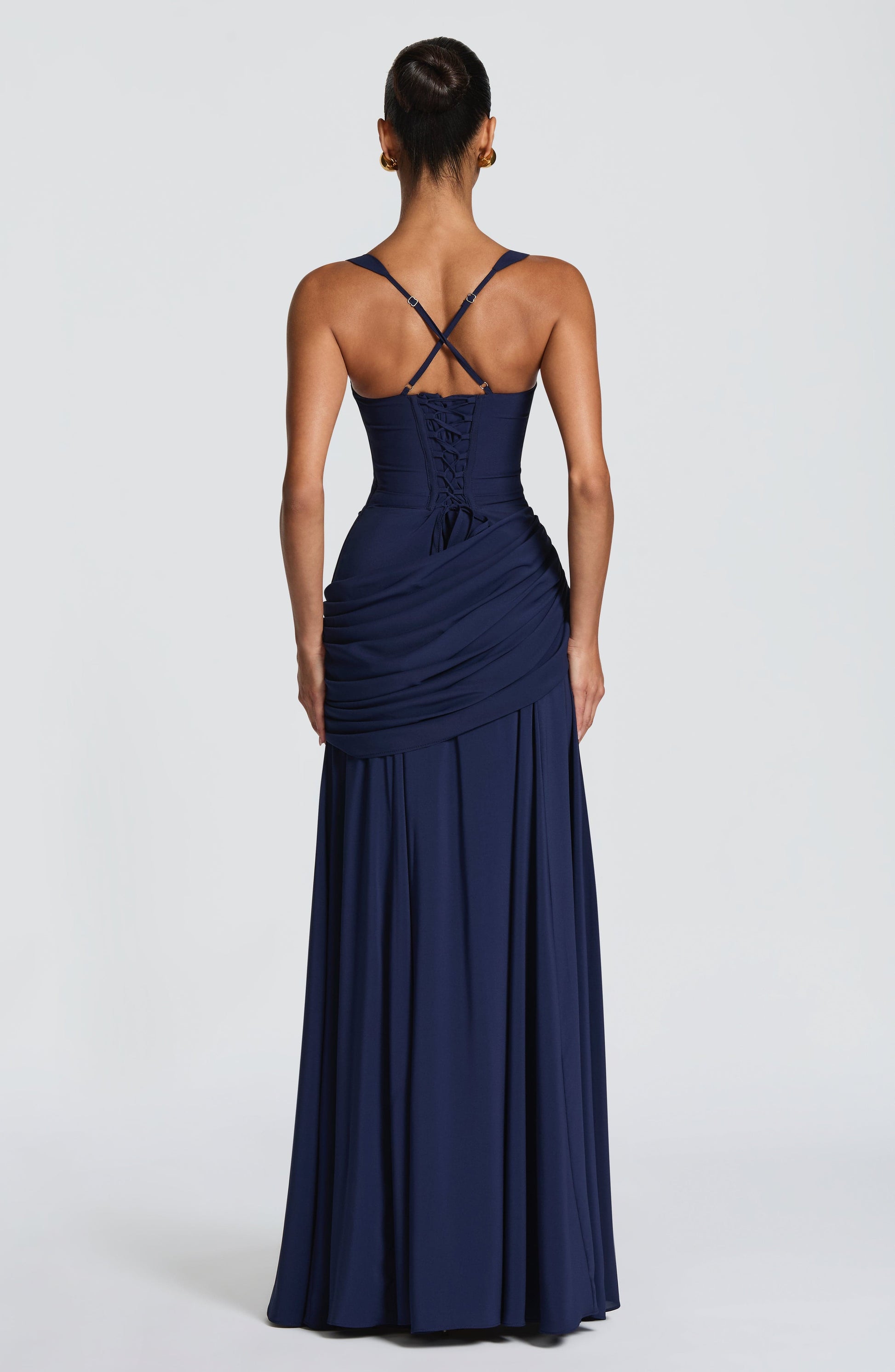 Women navy cowl maxi dress, detail close-up