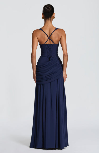 Women navy cowl maxi dress, detail close-up