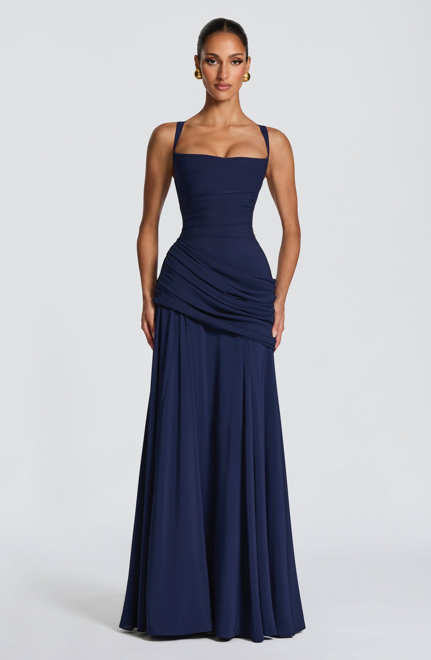 Women navy cowl maxi dress, front view
