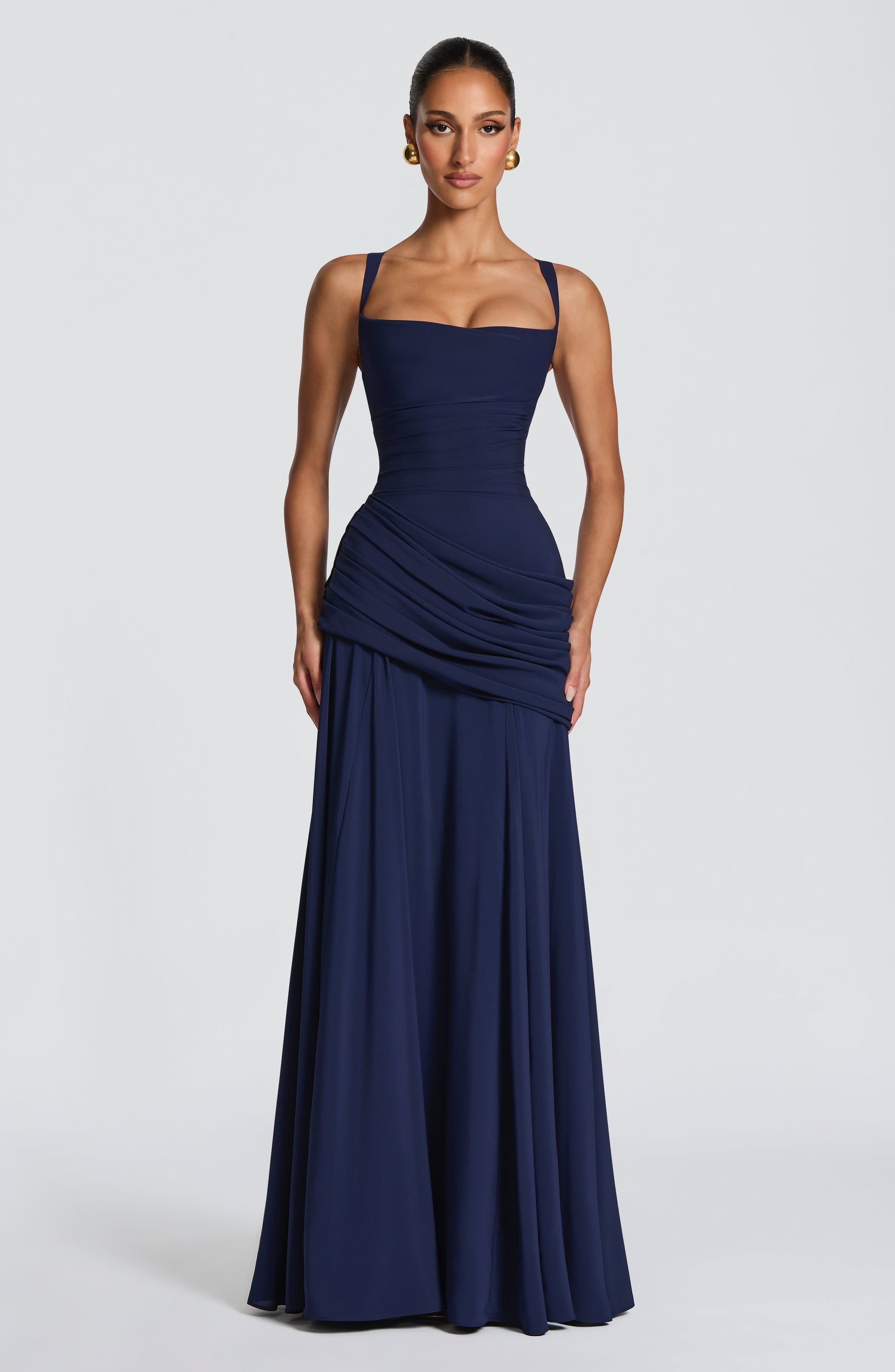 Women navy cowl maxi dress, front view