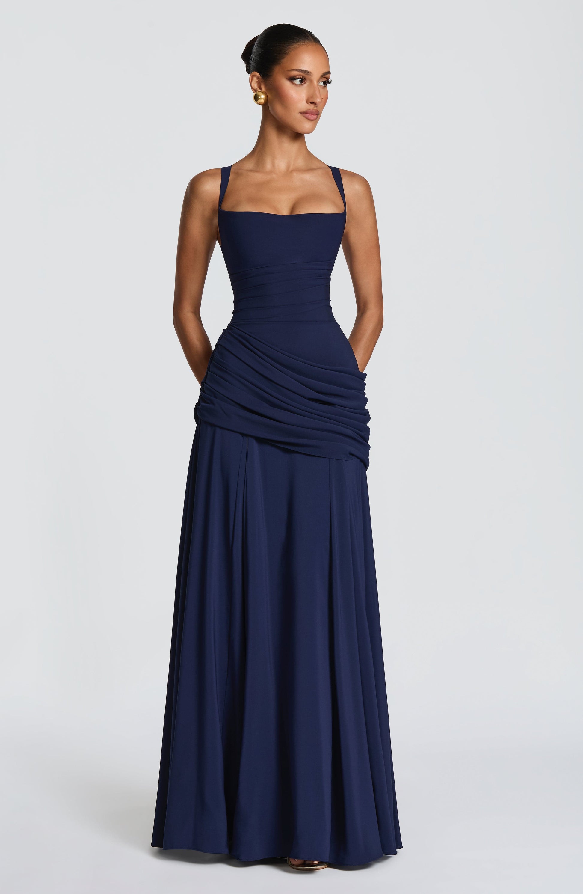 Women navy cowl maxi dress, back view