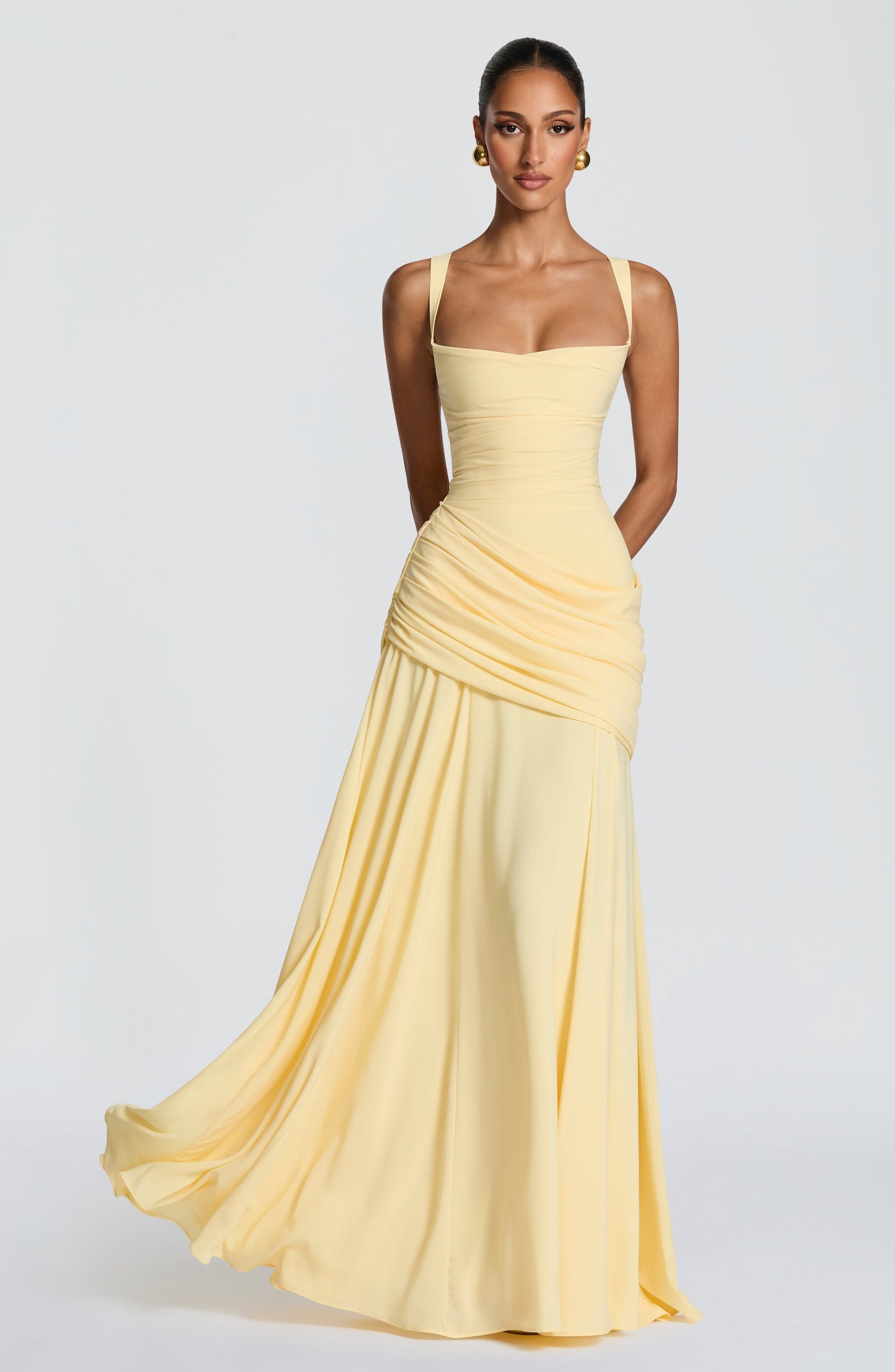 Women cowl maxi dress, side view