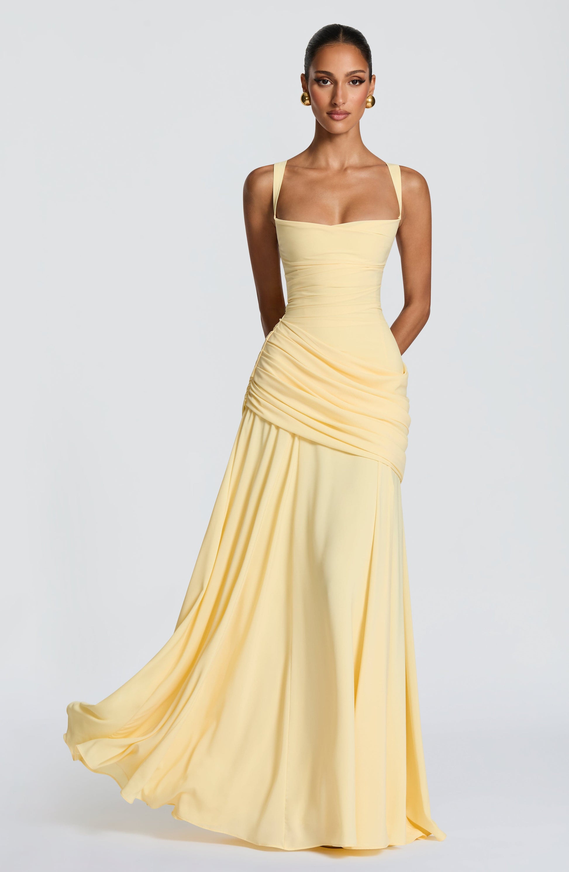 Women cowl maxi dress, side view