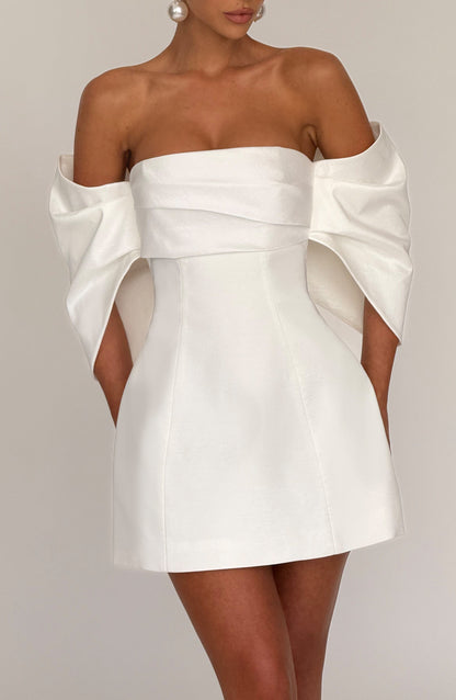 Women ivory bardot mini dress, back view