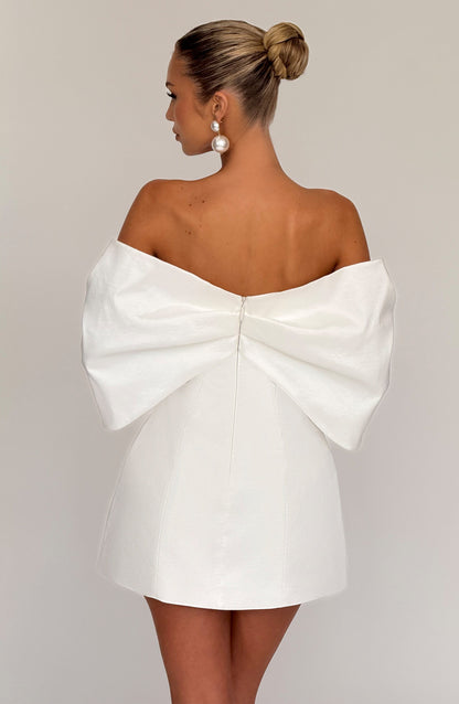 Women ivory bardot mini dress, side view