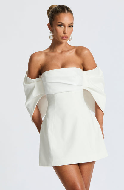 Women ivory bardot mini dress, front view