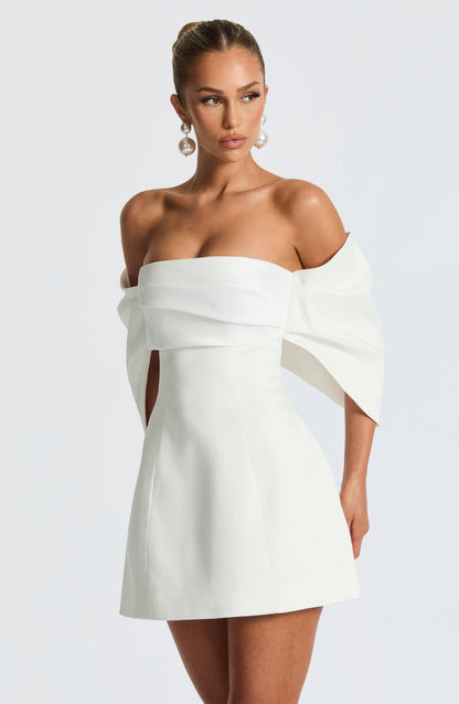Women ivory bardot mini dress, back view