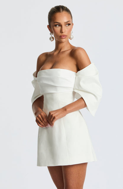 Women ivory bardot mini dress, detail close-up