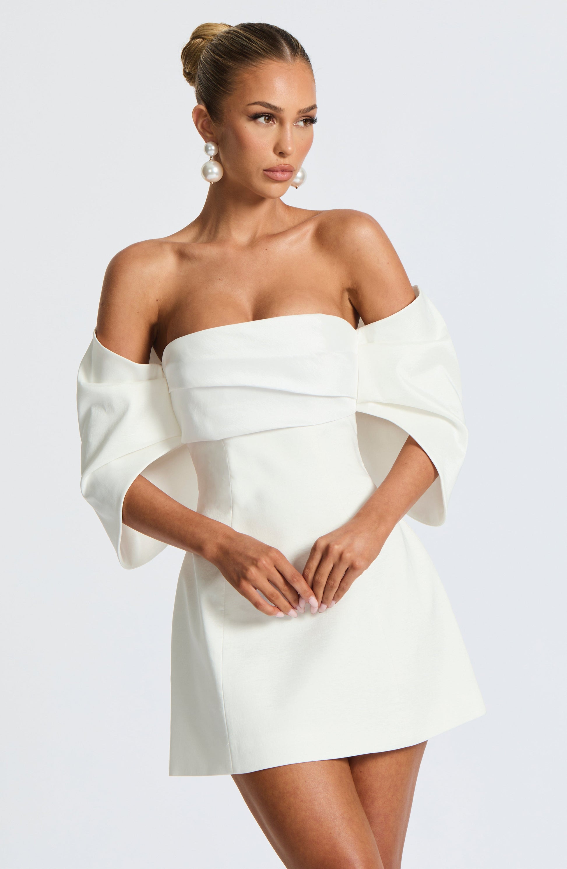 Women ivory bardot mini dress, front view