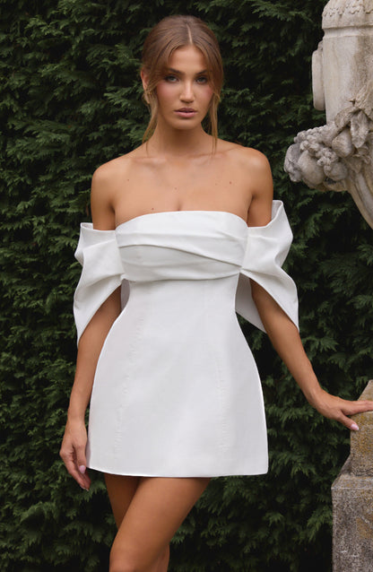 Women ivory bardot mini dress, front view