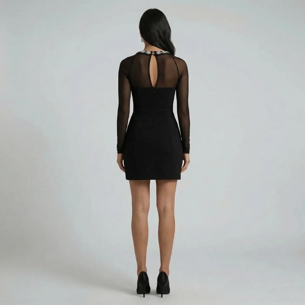 Black mini dress with a structured bodice and keyhole back detail — rear view.