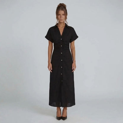 Black button-down midi dress showing ruched waist detail and collared neckline, front perspective.