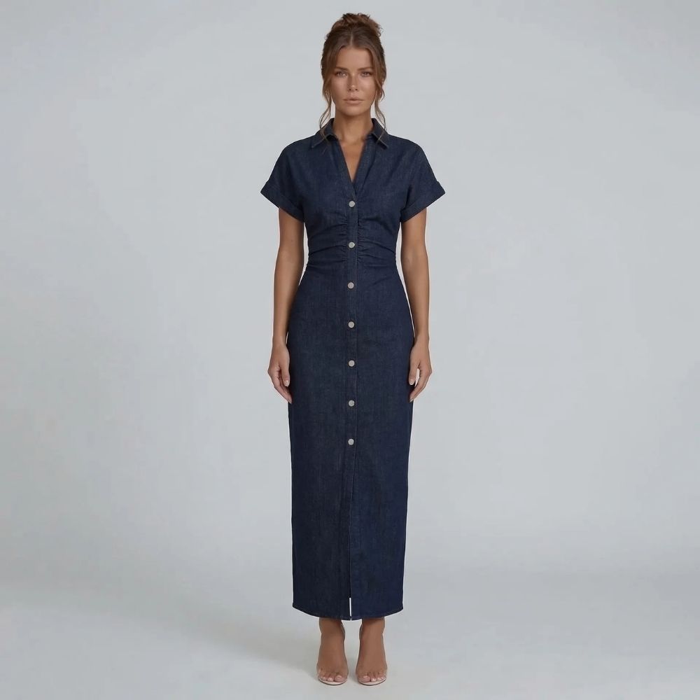 Dark blue button-down midi dress with short sleeves and waist ruching, front view.