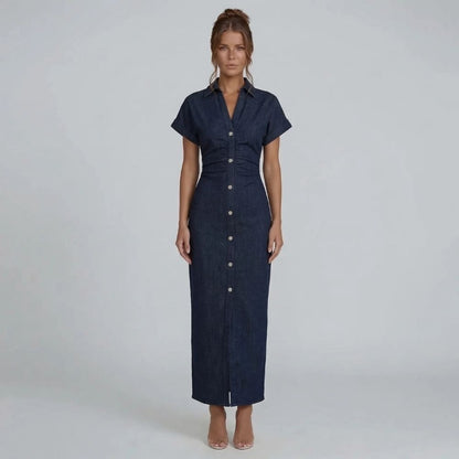 Dark blue button-down midi dress with short sleeves and waist ruching, front view.