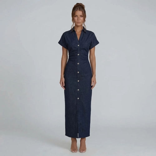 Dark blue button-down midi dress with short sleeves and waist ruching, front view.
