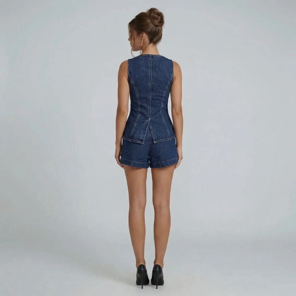 Navy denim two-piece set back view showing contoured seaming and relaxed wide-leg shorts.