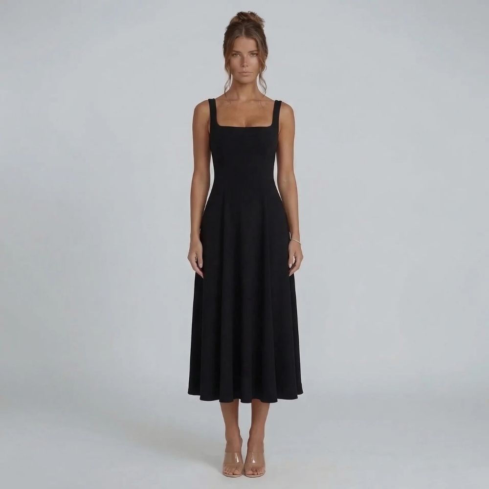 Black A-line midi dress with square neckline — front view with polished design.