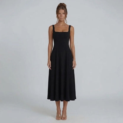 Black A-line midi dress with square neckline — front view with polished design.