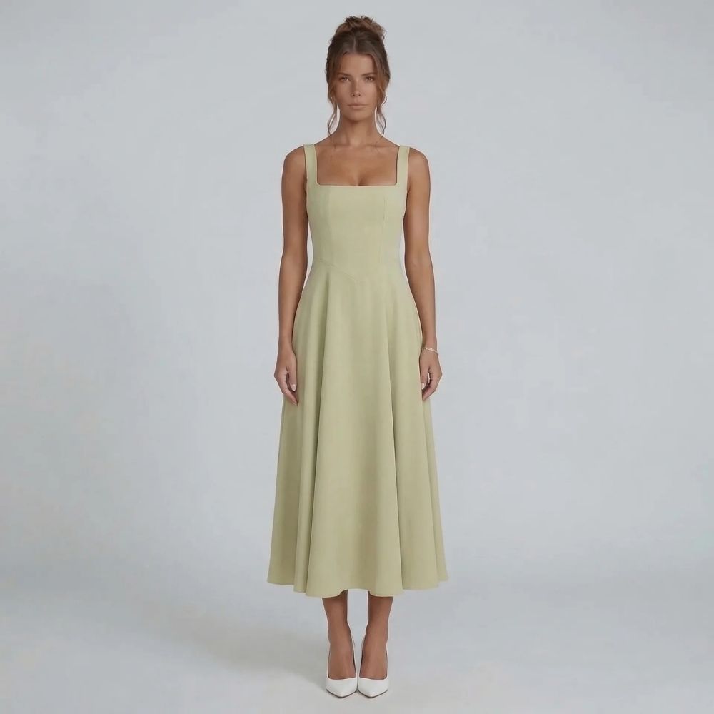 Sage A-line midi dress with square neckline — front view showing fitted bodice and flared skirt.