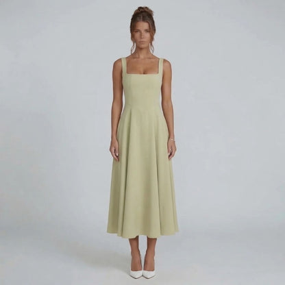 Sage A-line midi dress with square neckline — front view showing fitted bodice and flared skirt.