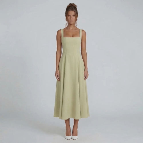 Sage A-line midi dress with square neckline — front view showing fitted bodice and flared skirt.