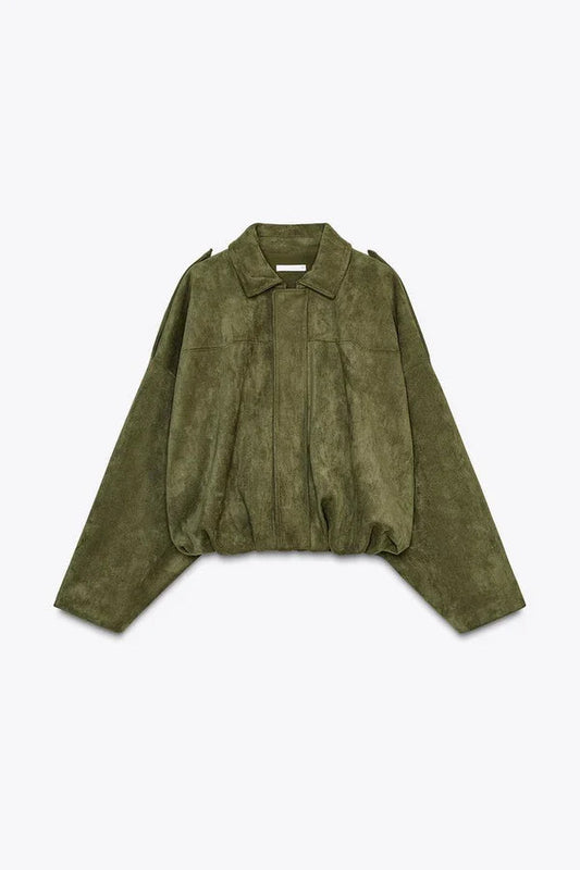 Women olive collared jacket, front view