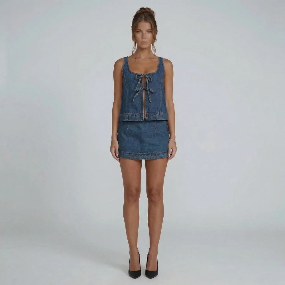 Navy denim tie-front mini skirt set — front view showcasing scoop-neck top and A-line mini skirt.