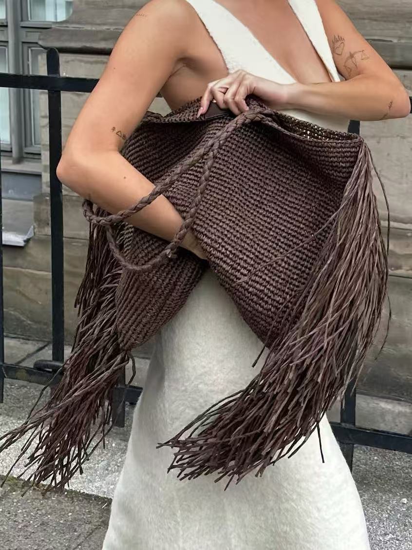 Claire Woven Fringe Tote in Brown