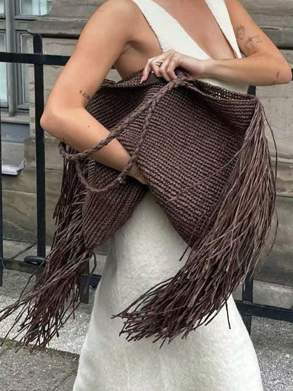 Claire Woven Fringe Tote in Brown