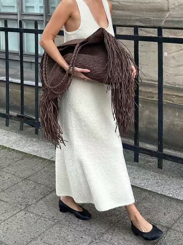 Claire Woven Fringe Tote in Brown