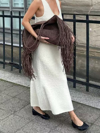 Claire Woven Fringe Tote in Brown