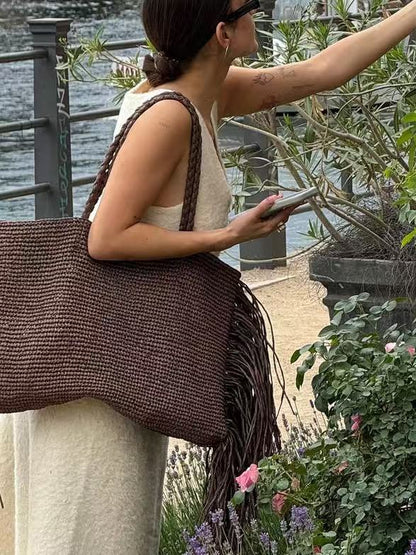 Claire Woven Fringe Tote in Brown