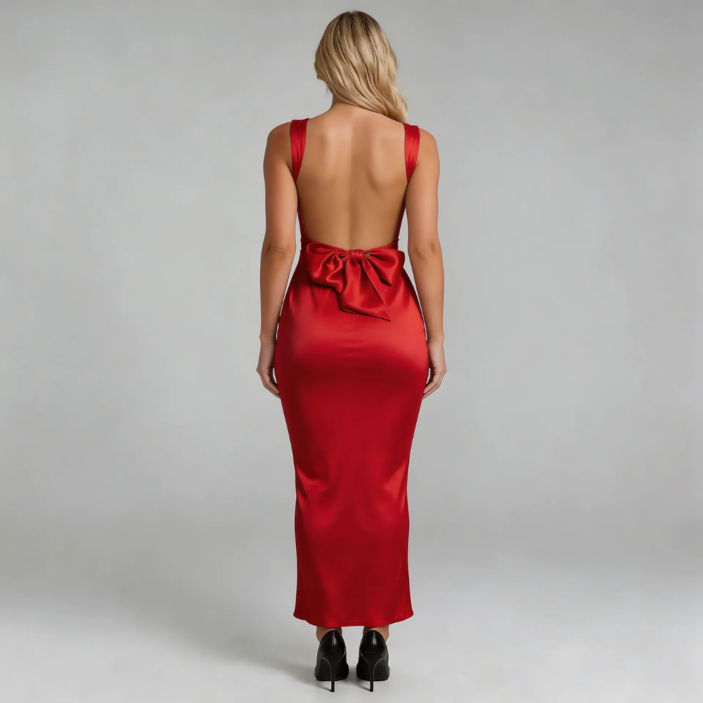 Red maxi dress with oversized back bow and open-back design — back view.