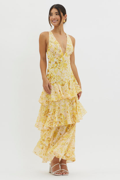 Women v neck maxi dress, back view