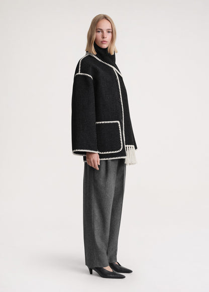 Women black high-neck wrap coat, side view