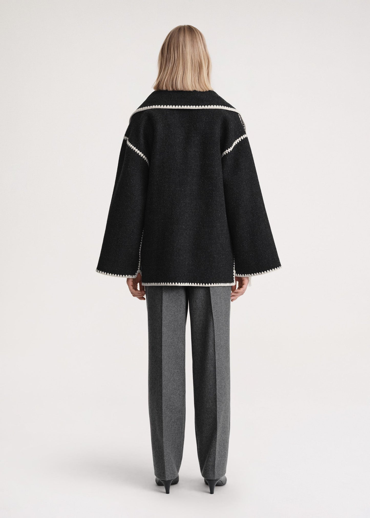 Women black high-neck wrap coat, back view