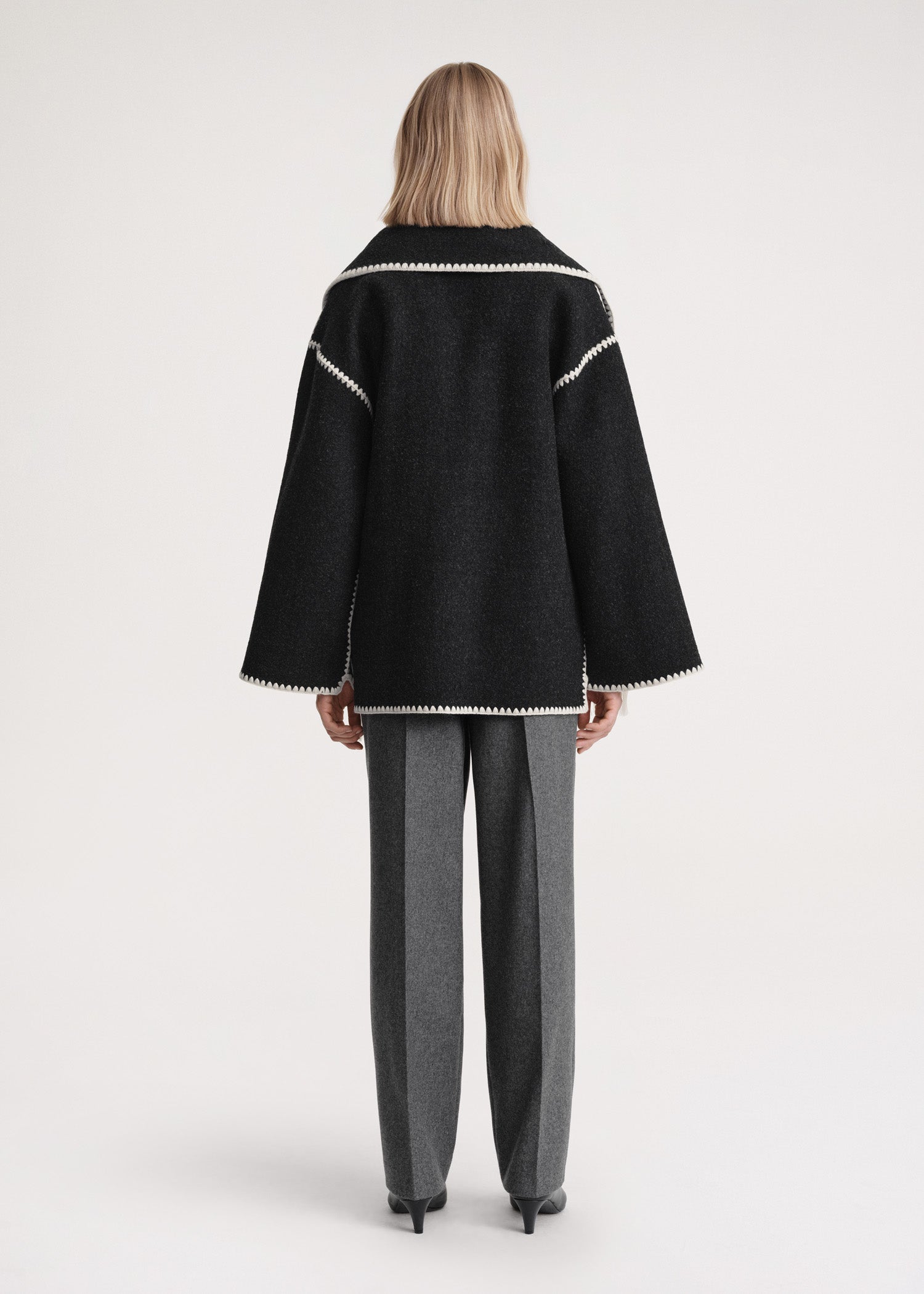 Women black high-neck wrap coat, back view