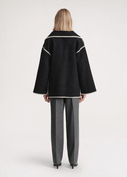 Women black high-neck wrap coat, back view