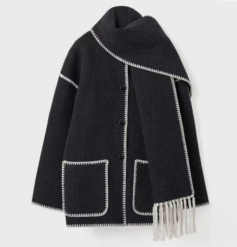 Women black high-neck wrap coat, detail