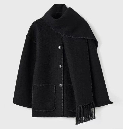 Women high-neck wrap coat, front view