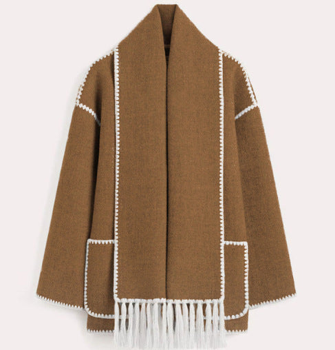 Women high-neck wrap coat, back view