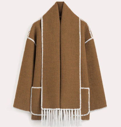 Women high-neck wrap coat, back view